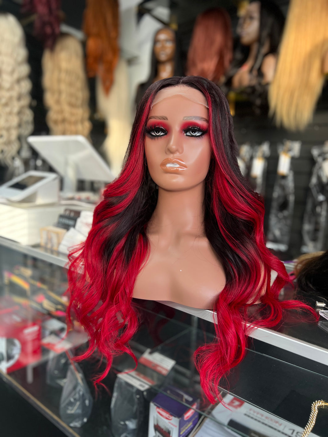 Black/red lace closure body wave wig