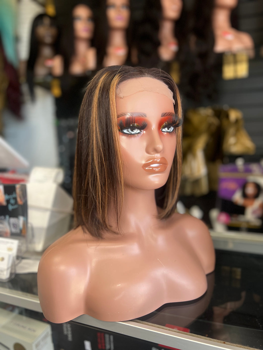 Chocolate brown/ blonde highlight  closure wig