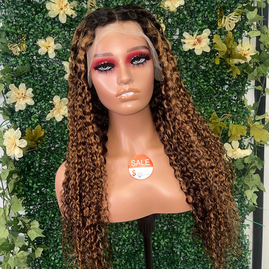 Chocolate brown/ blonde highlight deep wave frontal wig